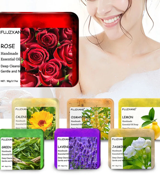 90g FUJZXANS Handmade Essential Oil Soap Bars - Rose, Jasmine, Green Tea, Calendula, Osmanthus, Lavender, Lemon - 7 Long-Lasting