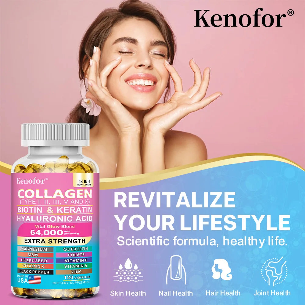 Kenofor Collagen 1000mg with Biotin 10,000mcg, Keratin Hyaluronic Acid Vitamin C Healthy Formula Dietary Supplement Gluten Free