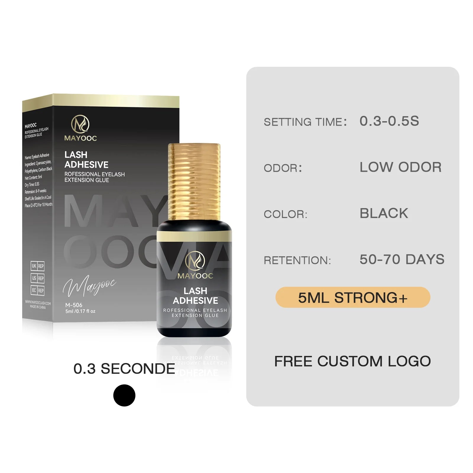 MAYOOC Fast Dry Strong Eyelash Extension Glue 5ml Adhesive 7-8 Weeks Non Odor False Lash Glue Makeup Tool Free Custom logo