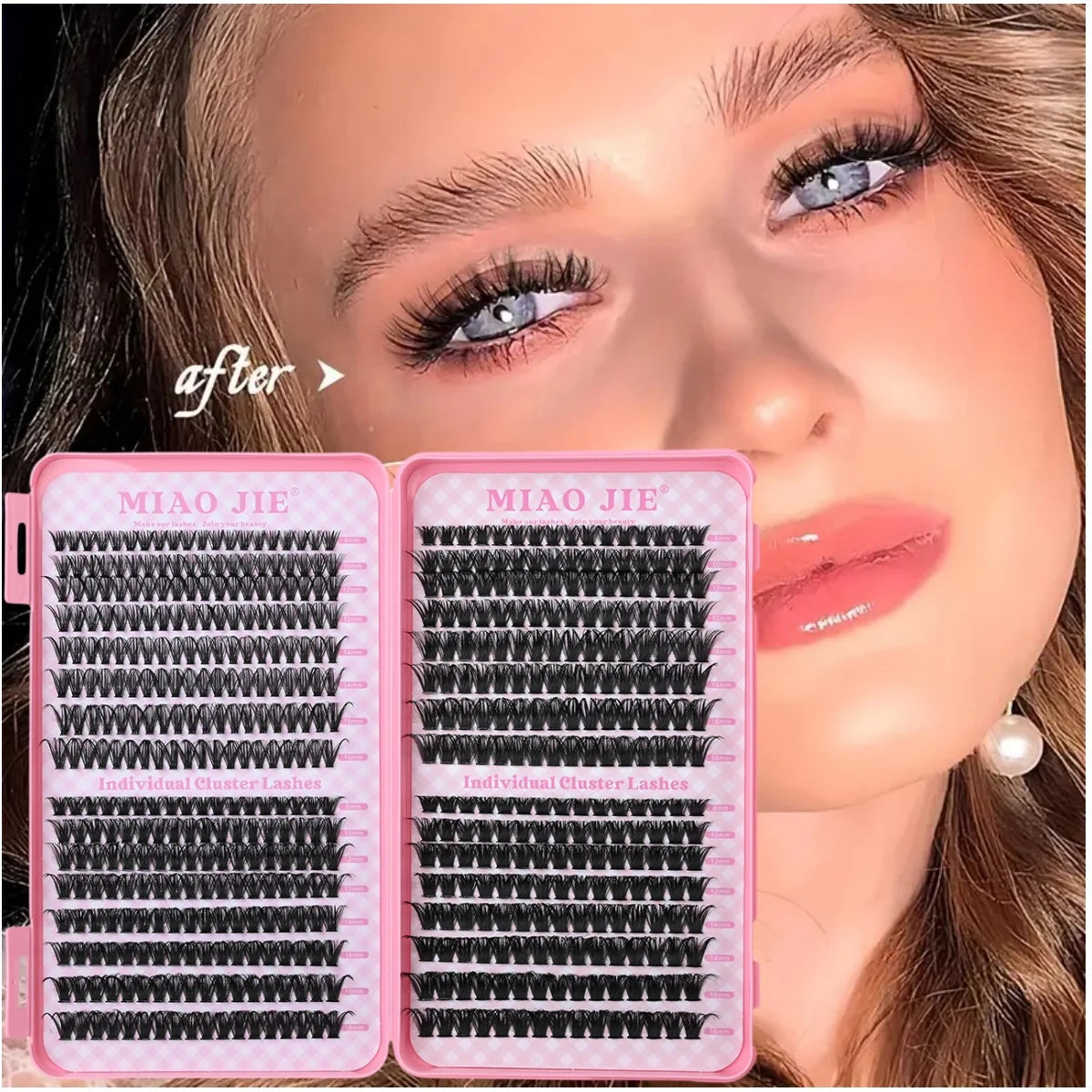 MIAOJIE Eyelash Extension Kit Complete 640pcs D Curl Eyelash Extension Kit with Cluster Eyelashes, Applicator and Bond & Seal