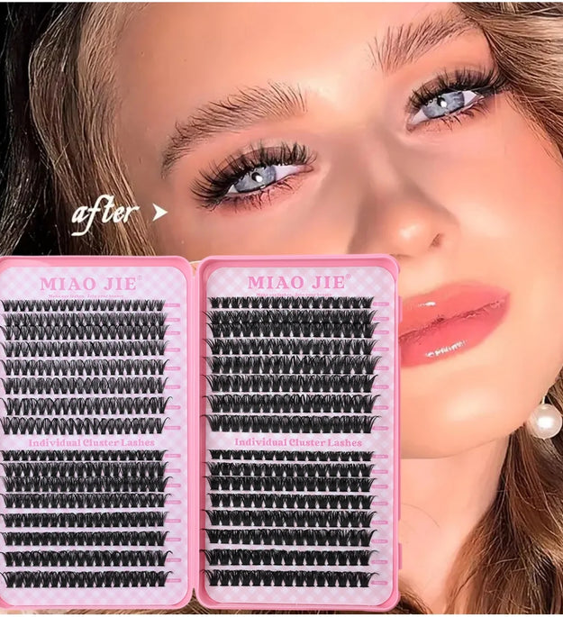 MIAOJIE Eyelash Extension Kit Complete 640pcs D Curl Eyelash Extension Kit with Cluster Eyelashes, Applicator and Bond & Seal