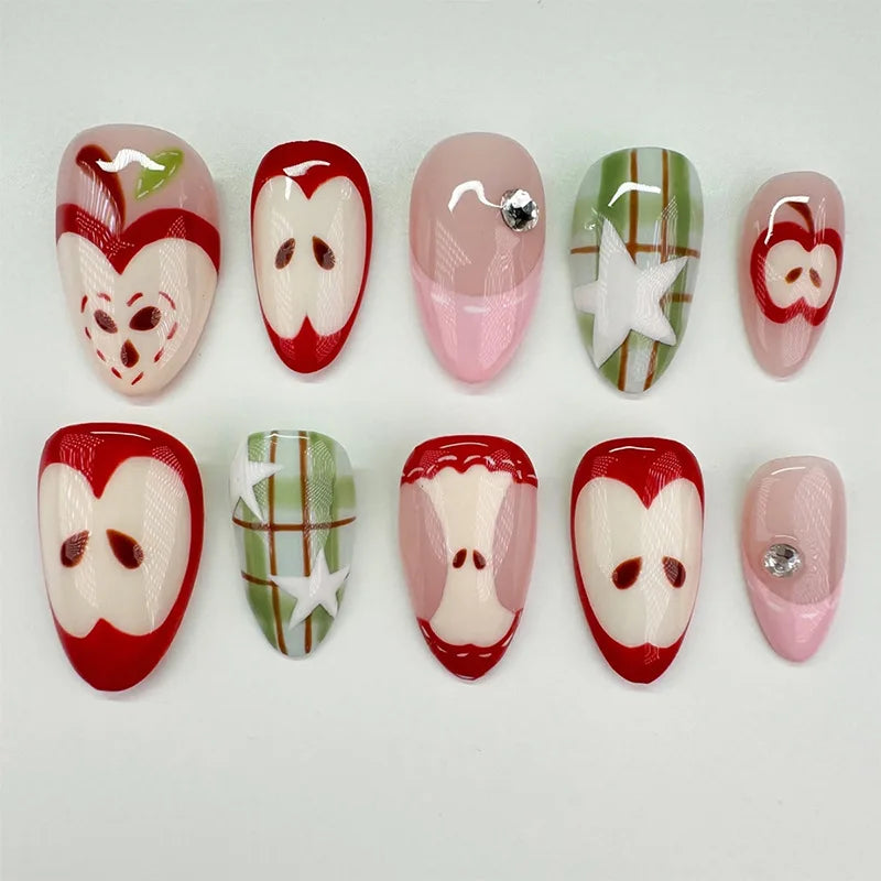 24PCS Wine Red Almond Press on Nails Cartoon Rabbit Bowknot with Plaid Pearl Designs French Fake Nails for Girls Detachable Nail