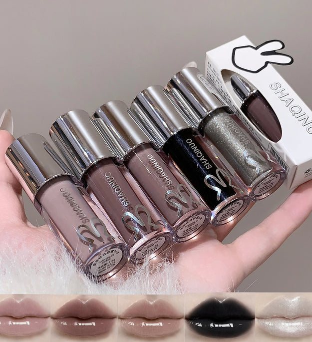 SHAQINUO Water Light Mirror Lip Gloss Lasting Moisturizing Cool Black Silver Gray Pearlescent Fine Sparkling Lipstick Lip Oil