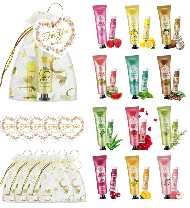 12 Hand gift Hand cream and lip balm set Friends Party Gift with love net bag and thank you card Holiday gift