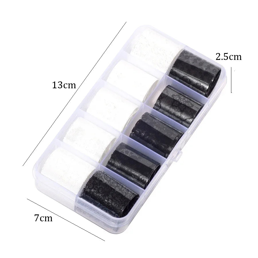 10 Rolls 2.5*60cm New Black White Lace Transfer Foil Nail Art Sexy Full Wraps Flower Glue Adhesive DIY Manicure Styling Tools