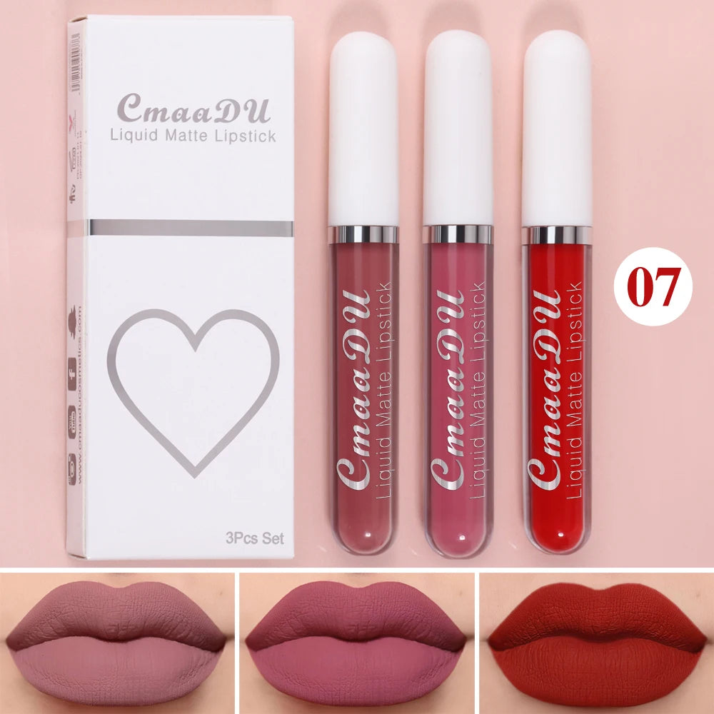 3 Pcs Matte Lipstick Lip Gloss Sets Long-Lasting Non-Fading Waterproof Non-stick Cup Exquisite Gift Everyday Holiday Universal