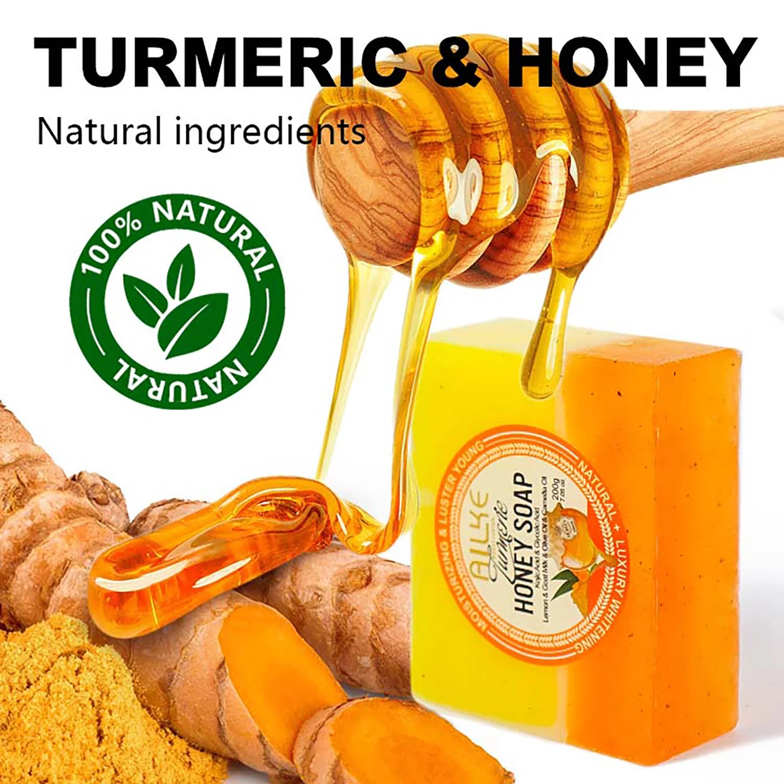 AILKE Natural Turmeric Honey Soap Bar, Whitening, Clean Skin, Remove Dark Spots, Stains, With Kojic Acid, Lemon, 200g/7 oz