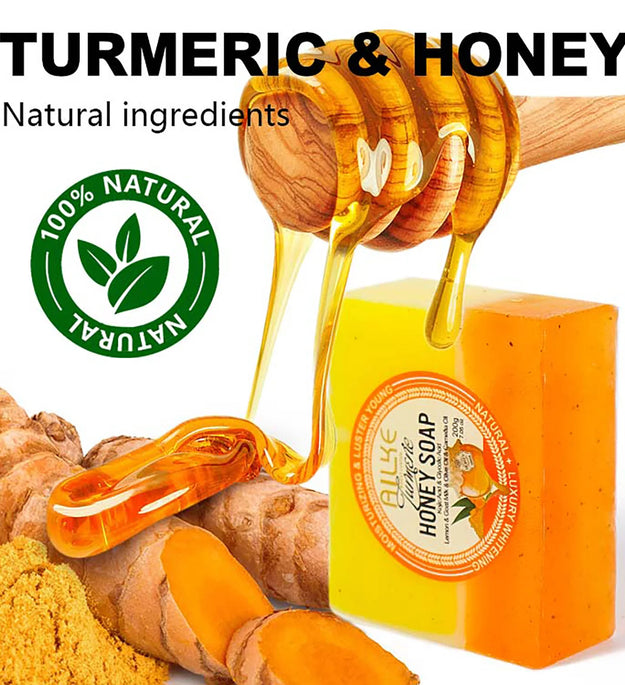 AILKE Natural Turmeric Honey Soap Bar, Whitening, Clean Skin, Remove Dark Spots, Stains, With Kojic Acid, Lemon, 200g/7 oz