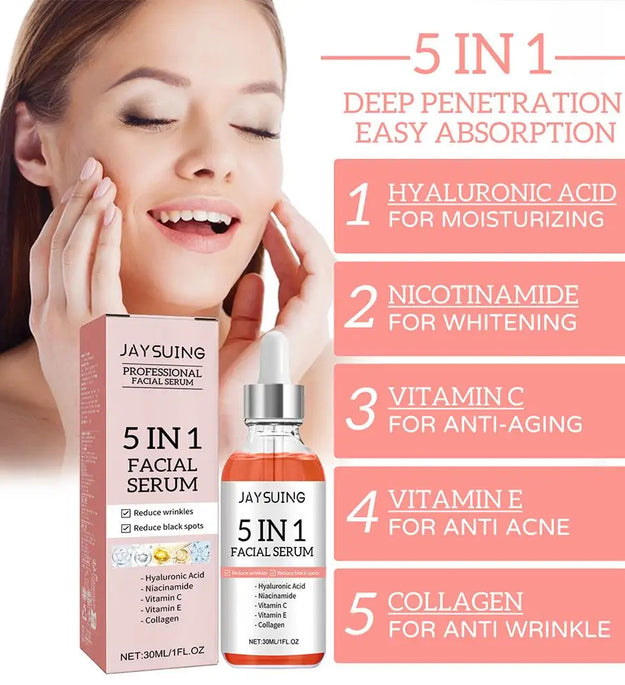 5 In 1 Fade fine lines Firming Face Serum Moisturizing brightning Vitamin C Hyaluronic Acid Facial Serum Shrink Pores Skin Care