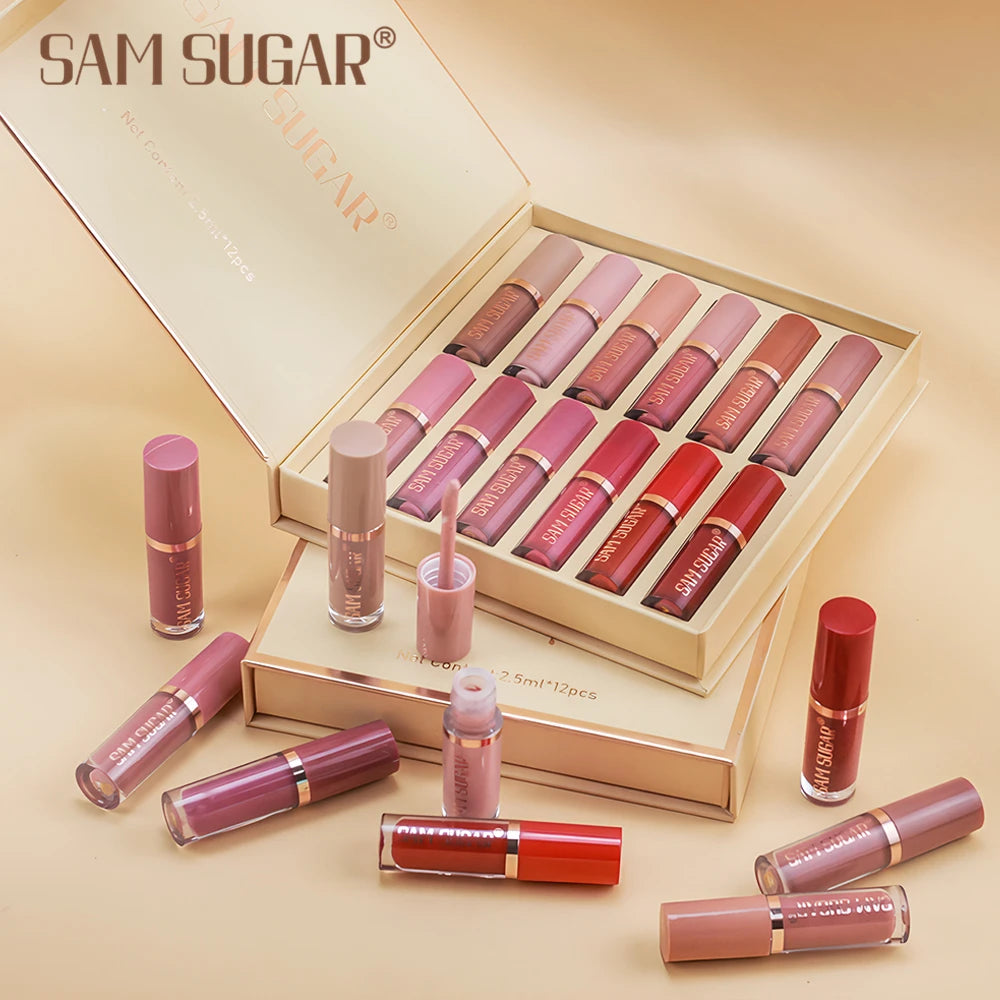 SAM SUGAR 12-Color Lip Gloss Lipstick Set Liquid Matte Velvet Women's Makeup Long-Lasting Waterproof Christmas gift