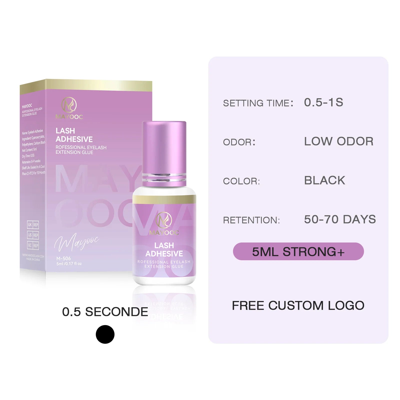 MAYOOC Fast Dry Strong Eyelash Extension Glue 5ml Adhesive 7-8 Weeks Non Odor False Lash Glue Makeup Tool Free Custom logo