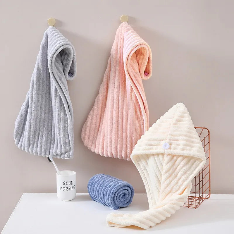 1Pcs Microfiber Quick-dry Hair Towel Cap with Button Super Absorption Bath Hat Fast Drying Hair Drying Wrap Hat Towel for Women