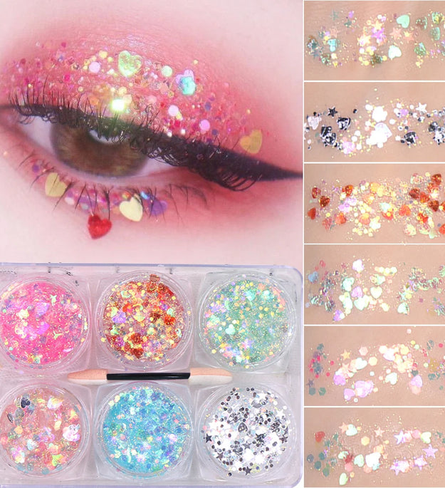 6Jars/Set Face Eye Body Hair Nail Glitter Sequins Sparkling Heart/Star/Hexagon Eyeshadow Flakes for Christmas Party Makeup Decor