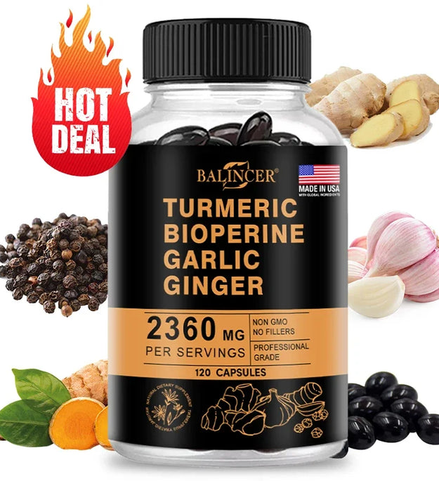4-in-1 Turmeric Ginger Supplement with Pepperin 2360 Mg with Garlic Curcumin Black Pepper, for Joint, Digestive & Immune Support