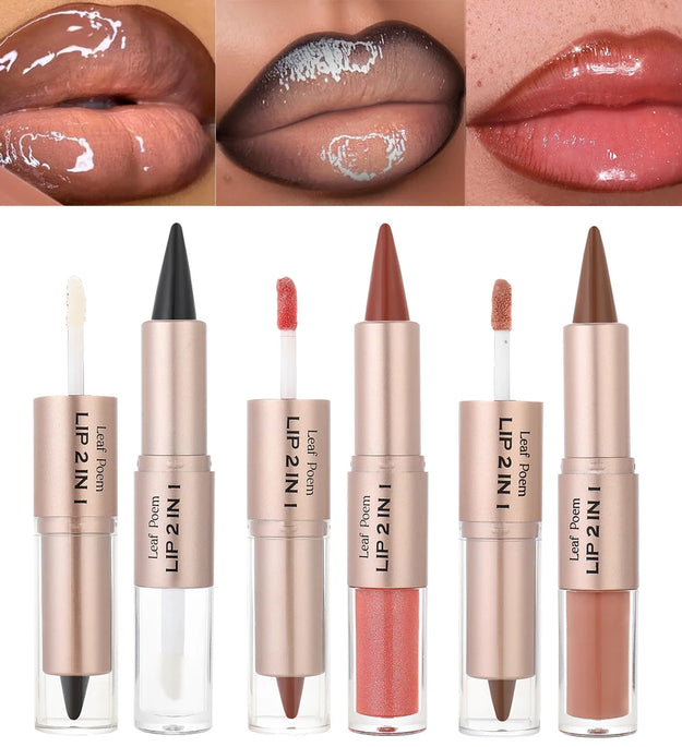 2IN1 Tapered Gradient Lipliner Pen Nude Brown Mirror Glass Lip Gloss Matte Lip Liner Waterproof Lip Contour Non Stick Makeup