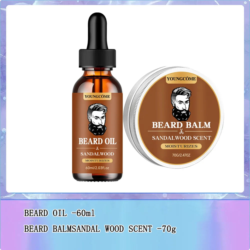 Organic Beard Growth Oil & Sandalwood Balm 1/2/4 Set-24H Nourishing, No Flakes, Men's Grooming Kit with Argan Oil & Vitamin E - BlissFully