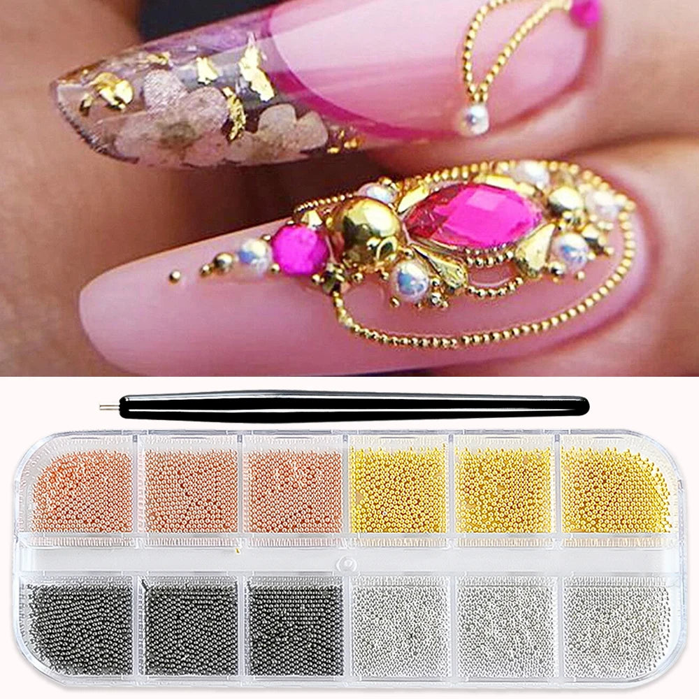 12Grid Gold/Silver Mini Caviar Beads Nail Art Decorations Metal Micro Balls Nail Charm with Magnetic Pen 3D Mini Caviar Nail Gem