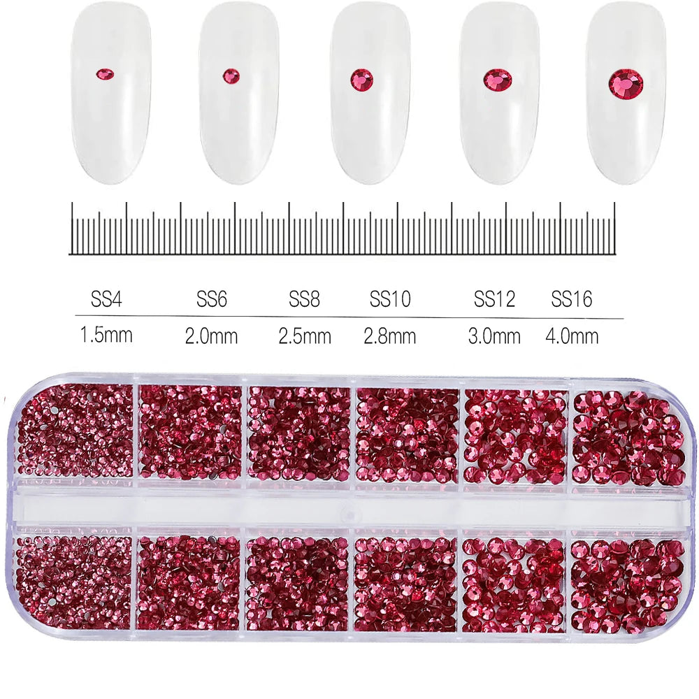 2400pcs+ Shiny Clear Crystal Gems Nail Rhinestones 1.5-4mm Mixed Round Glass Stone Flatback Nail Charms 12grids Nail Diamond DIY