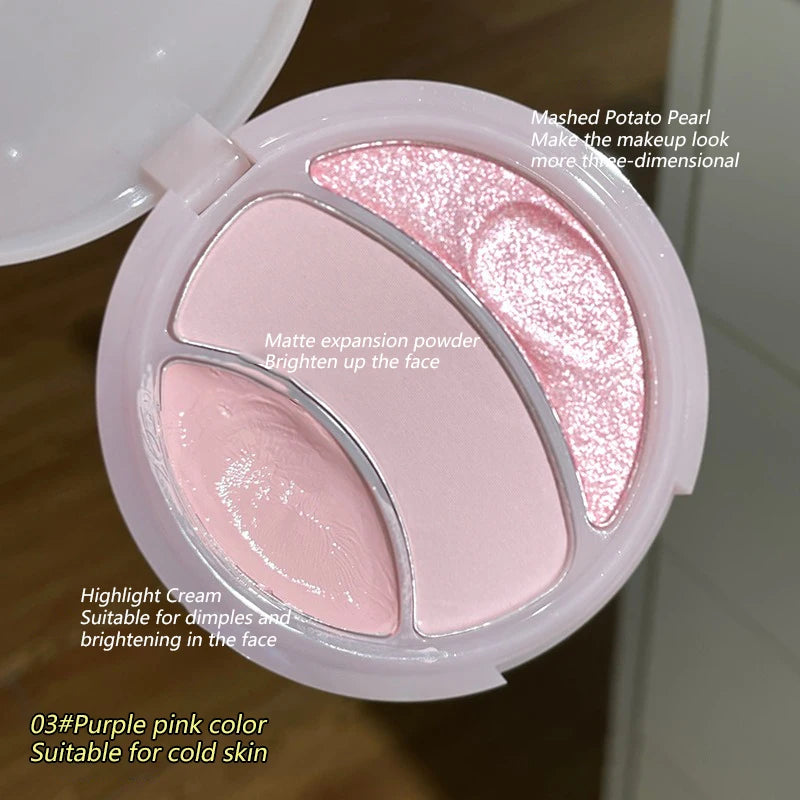 Highlighter Palette Pearlescent Matte 3-color Multi-use Mash Potato Facial Contour Powder Cream Natural 3D Face Brighten Makeup