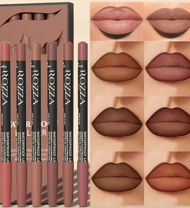6pcs ROZZA Nude Lip Liner Set - Water-Resistant, Matte Finish Crayon Lip Pencils Non-Smudging & Easy-to-Apply