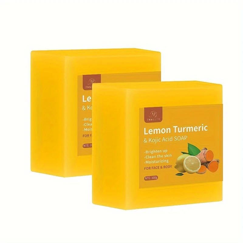 Pure Botanical Lemon Turmeric Kojic Acid Handmade Soap Set - 2 x 100g Bars, Unisex, Ideal for Home and Travel Use