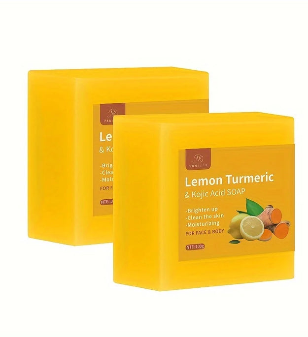 Pure Botanical Lemon Turmeric Kojic Acid Handmade Soap Set - 2 x 100g Bars, Unisex, Ideal for Home and Travel Use