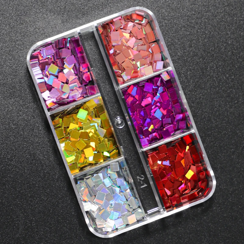 6Grids Holographic Square Nail Art Glitter Sequins Laser Ball Decoration Flakes Manicure Nails Supplies Professional Accessories