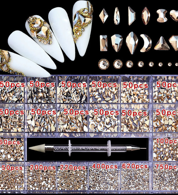 21 grid nail art diamond flat bottom glass diamond multi-style special-shaped diamond shiny nail rhinestone DIY nail art jewelry