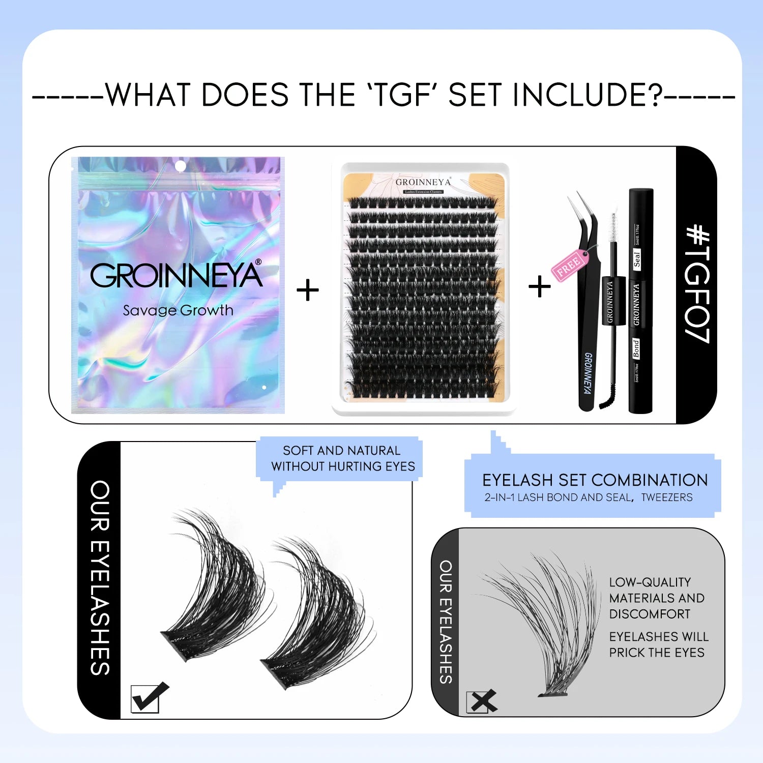 GROINNEYA Lash Clusters Kit With Waterproof Strong Hold DIY Lash Extension Kit Lash Bond And Seal And Eyelash Tweezers Makeup