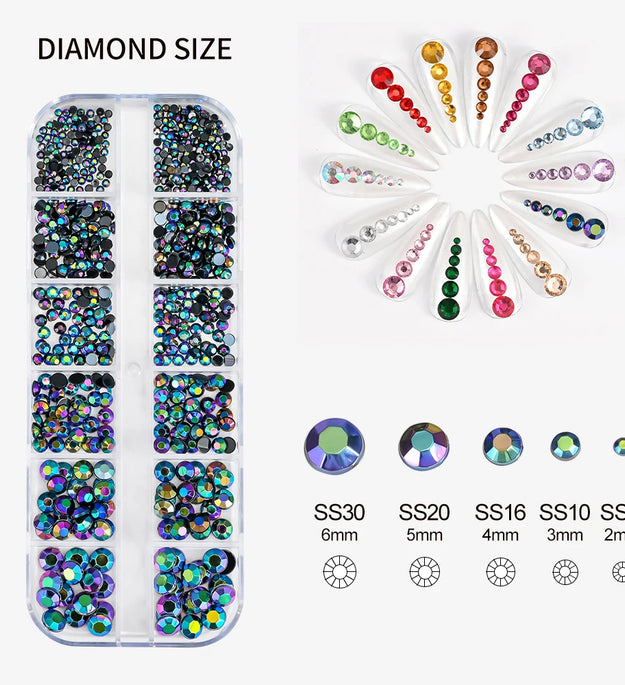12Grids SS6-SS30 Mixed Nail Rhinestones Shiny Clear/Gold/Pink/Blue Diamond Flat-back Nail Gems Glass Stones Nails Decoration