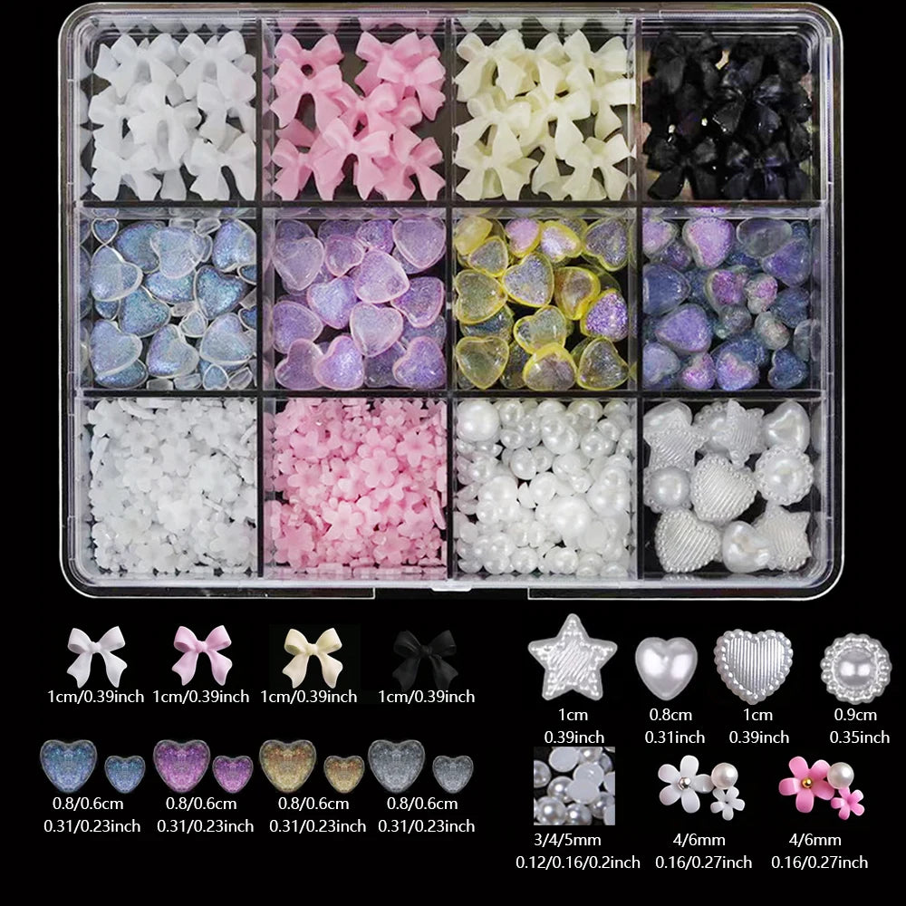 6/7/12 grids 3D Nail Charms and Pearls  Bows Charm Pink&White Star Heart Moon Cute Nail Jewels for Nail Art DIY Decorations