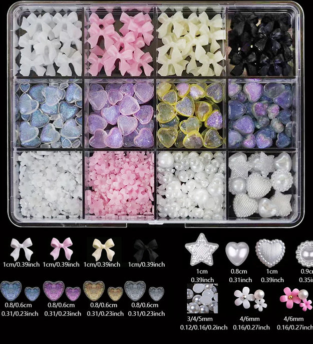 6/7/12 grids 3D Nail Charms and Pearls  Bows Charm Pink&White Star Heart Moon Cute Nail Jewels for Nail Art DIY Decorations