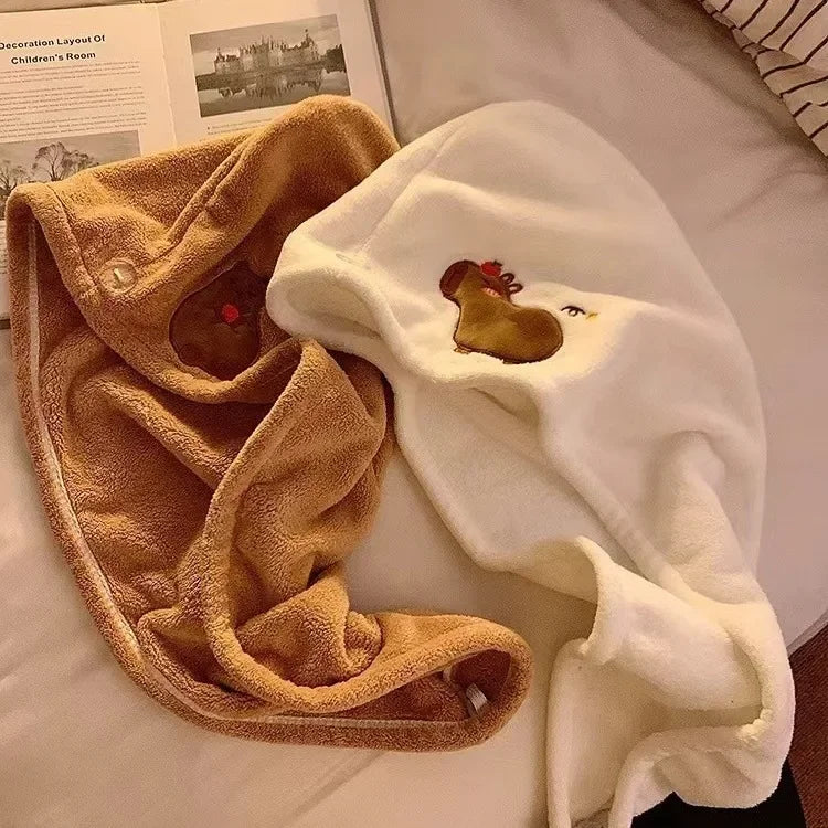 Capybara Dry Hair Cap Coral Fleece Quick Dry Towel Super Absorbent Capybara Head Turban Cute Animal Soft Hair Wraps for Women