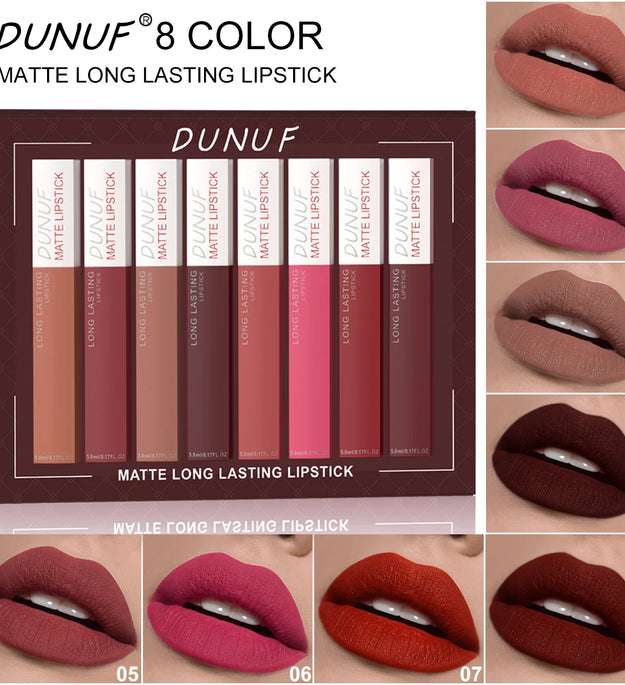 8pc/set Long-Lasting Lip Gloss Matte Waterproof Lipstick Lip Stain Non-transfer Highly Pigmented Nude Red Y2K Daily&Party Makeup