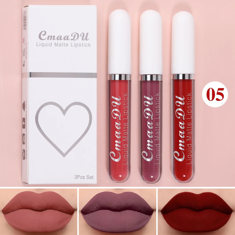3 Pcs Matte Lipstick Lip Gloss Sets Long-Lasting Non-Fading Waterproof Non-stick Cup Exquisite Gift Everyday Holiday Universal