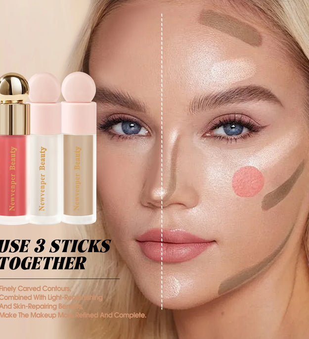 Liquid Highlighter+Blush+Contour Stick Set for Face & Body Silky Natural Glow Liquid Luminizer Matte Pink Shadow Face Makeup