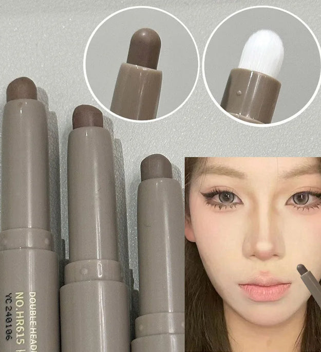 Double Head Contour Stick Bronzer with Brush Face Nose Shadow Cream Contour Pen Waterproof Lasting Contouring Makeup Cosmetics