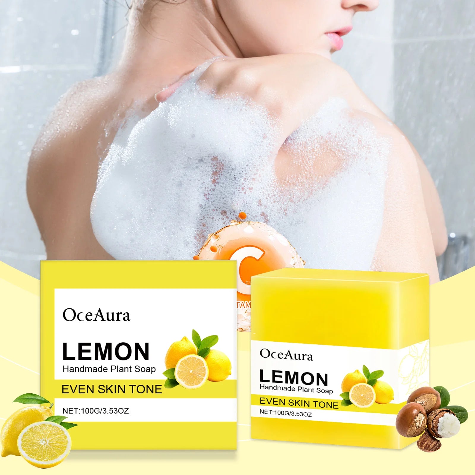 OCEAURA Luxury Lemon Handmade Essential Oil Soap Bar - Gentle Skin Cleansing Moisturizing & Brightening 3.35 OZ