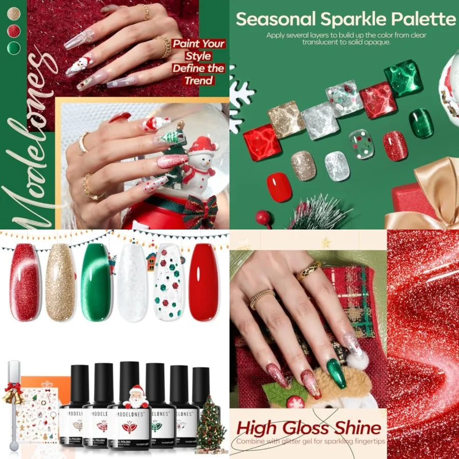 Christmas Gel Nail Polish Set 6 Colors Cat Eye Red Green Glitter Gold Silver Winter Gel Polish Kit with Magnet Nail Stickers So