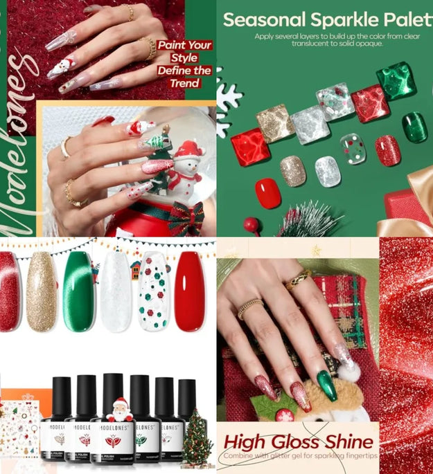 Christmas Gel Nail Polish Set 6 Colors Cat Eye Red Green Glitter Gold Silver Winter Gel Polish Kit with Magnet Nail Stickers So