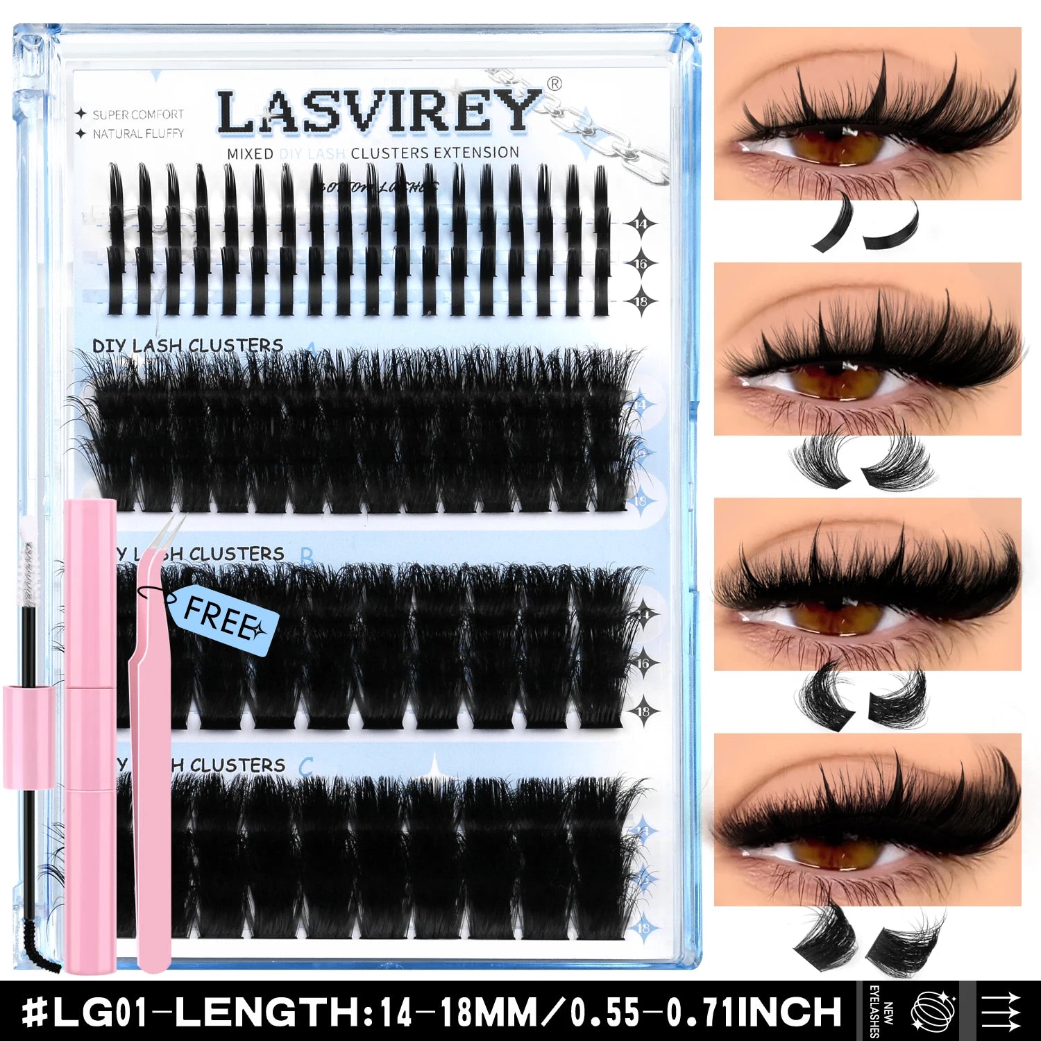 Lasvirey Cluster Lashes Kit DIY Fluffy Lash Clusters 4 IN 1 Mixed Full Set Individual Eyelashes Extension with Lash Bond & Seal