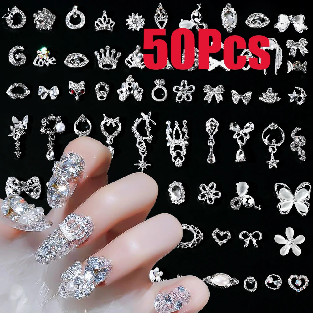 50Pcs 3D Silver Bowknot/Crown Metal Nail Charms With Tassel Pendant Butterfly Nail Art Decoration Mixed Shiny Manicure Supplies