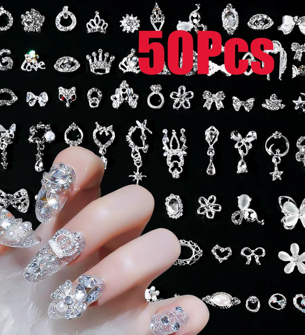 50Pcs 3D Silver Bowknot/Crown Metal Nail Charms With Tassel Pendant Butterfly Nail Art Decoration Mixed Shiny Manicure Supplies