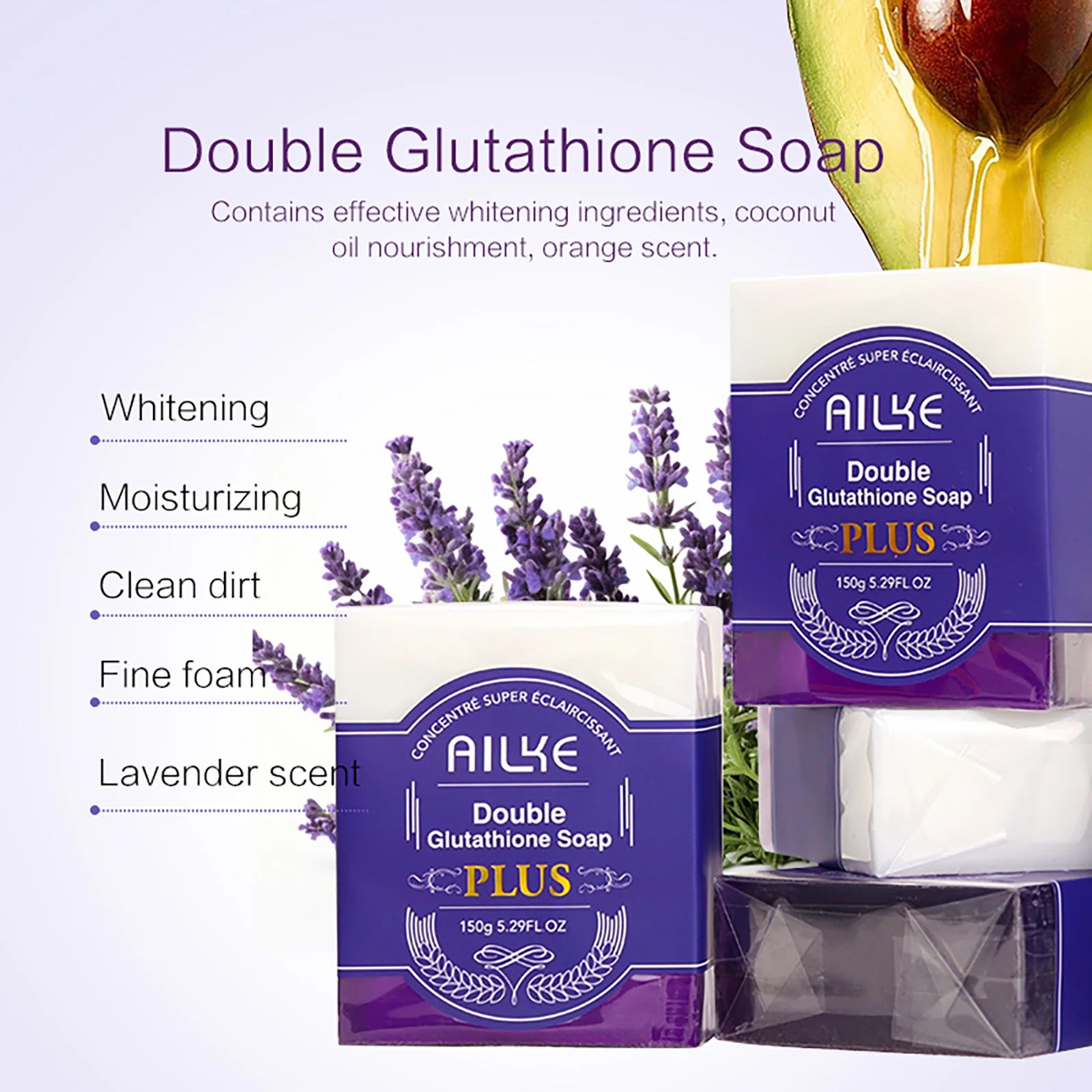AILKE Double Glutathione Whitening Soap Bar, Natural Lavender Scent, For Face, Body, Reduce Dark Spots, Clean Skin, 150g/5.3 oz