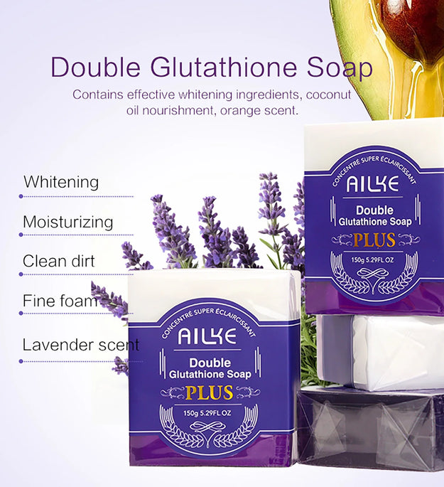 AILKE Double Glutathione Whitening Soap Bar, Natural Lavender Scent, For Face, Body, Reduce Dark Spots, Clean Skin, 150g/5.3 oz