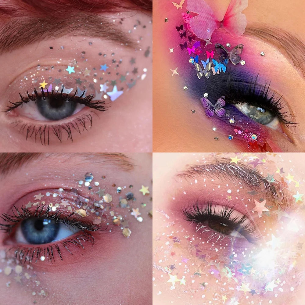 6Jars/Set Face Eye Body Hair Nail Glitter Sequins Sparkling Heart/Star/Hexagon Eyeshadow Flakes for Christmas Party Makeup Decor