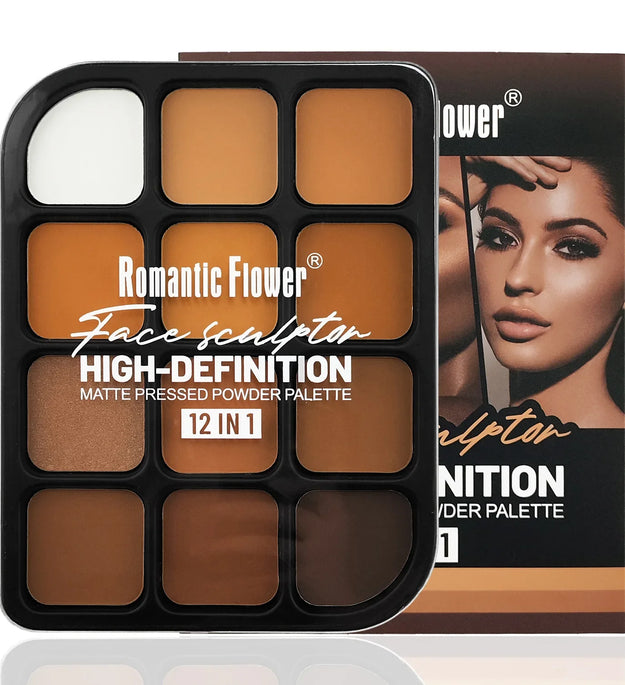 Deep Skin 12-Color Matte Contour Palette - Full Coverage All-In-One Highlighter Shading & Powder Face Makeup Kit