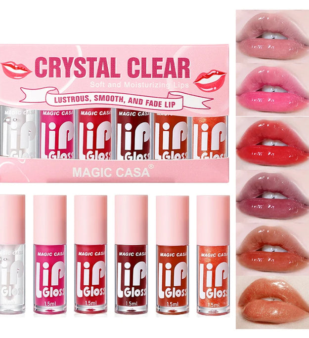MAGIC CASA 6-Piece Set Water-Gloss Jelly Lip Oil - Plumping, Hydrating, Makeup Base, Long-Lasting Moisture