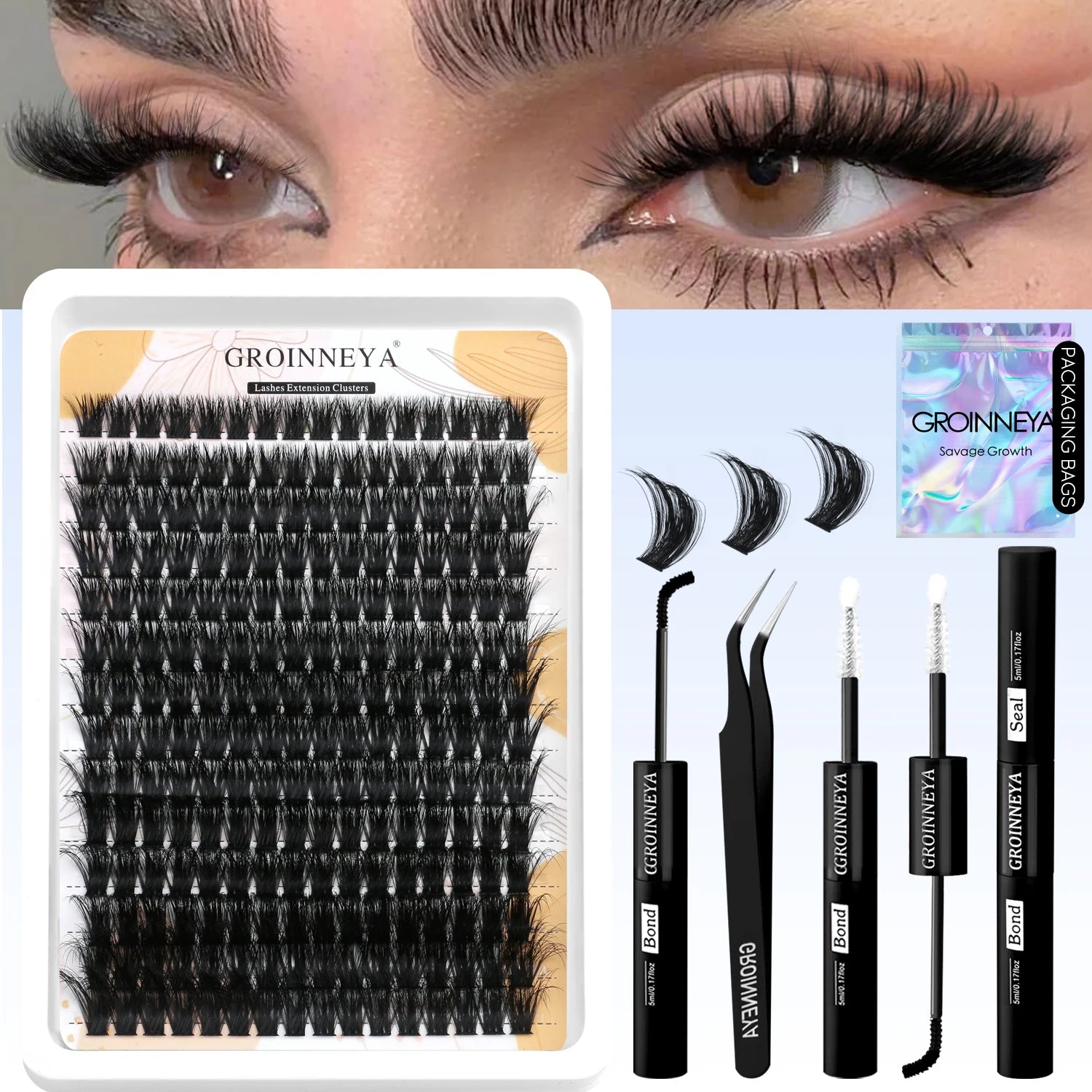 GROINNEYA Lash Clusters Kit With Waterproof Strong Hold DIY Lash Extension Kit Lash Bond And Seal And Eyelash Tweezers Makeup