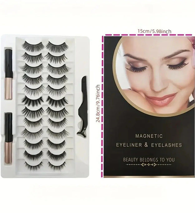 12 pairs of magnetic false eyelash sets, with eyeliner, natural makeup effect, reusable, curling magnetic eyelash sets